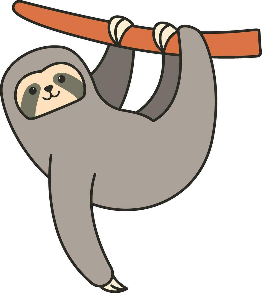 Cute cartoon sloth hanging on a tree. Vector illustration.