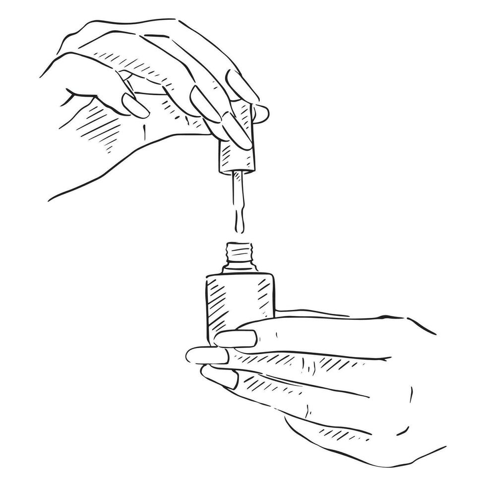 Line drawn hands holding a nail varnish. Shaded with lines and drawn by hand. 34965213 Vector
