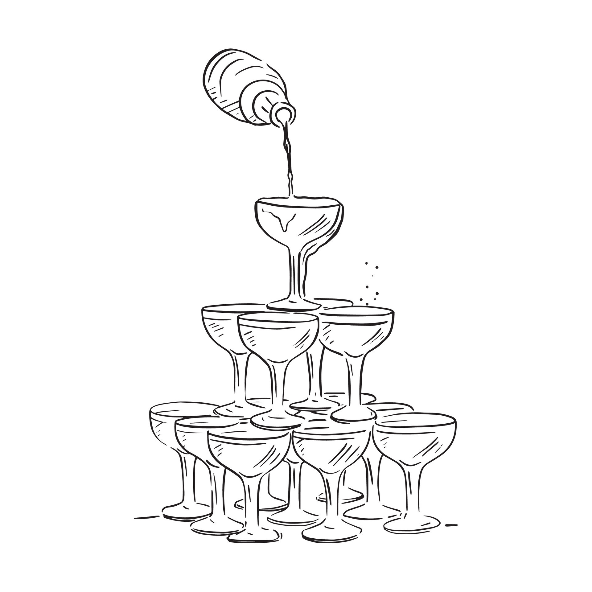 Champagne tower line drawing. Created by hand and shows a bottle of
