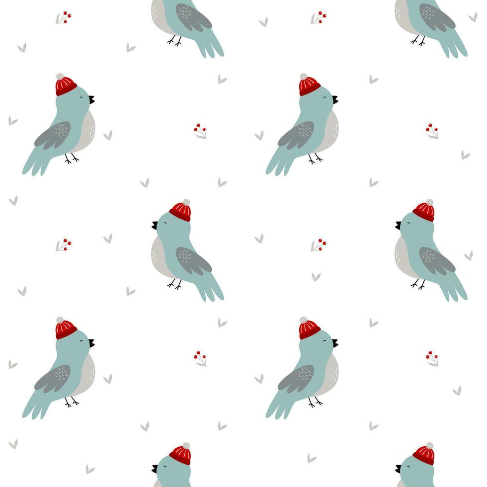 Winter bird with hat, Christmas florals seamless pattern background. Design for fabric, wrapping, textile, wallpaper, apparel vector