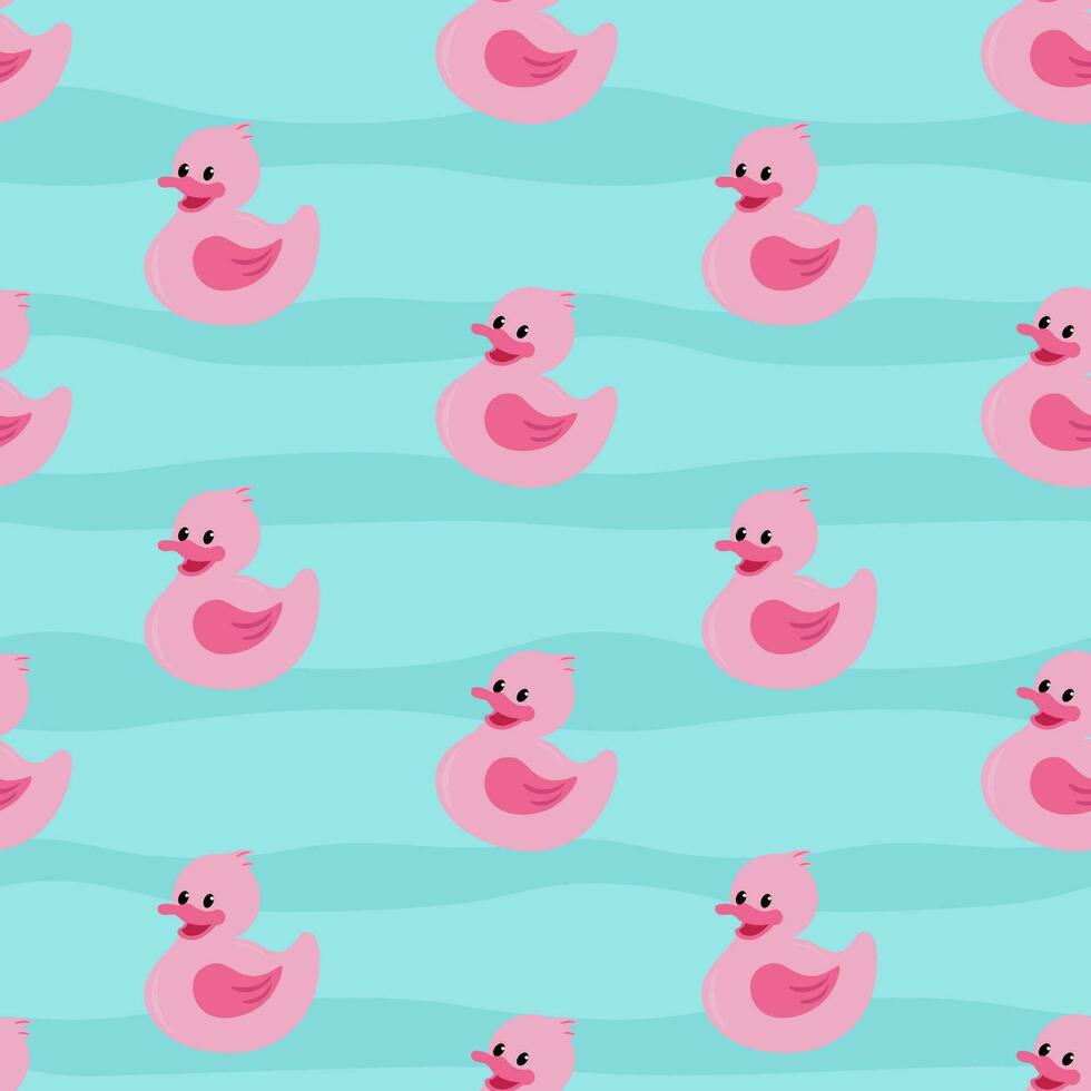 Funny pink rubber ducks in the water. Cute seamless pattern vector