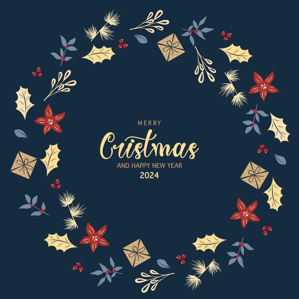Hand drawn Merry Christmas 2024 text with illustration of tree branches, berries, cones and holly. Good option for greeting card, invitation, poster template and etc. vector