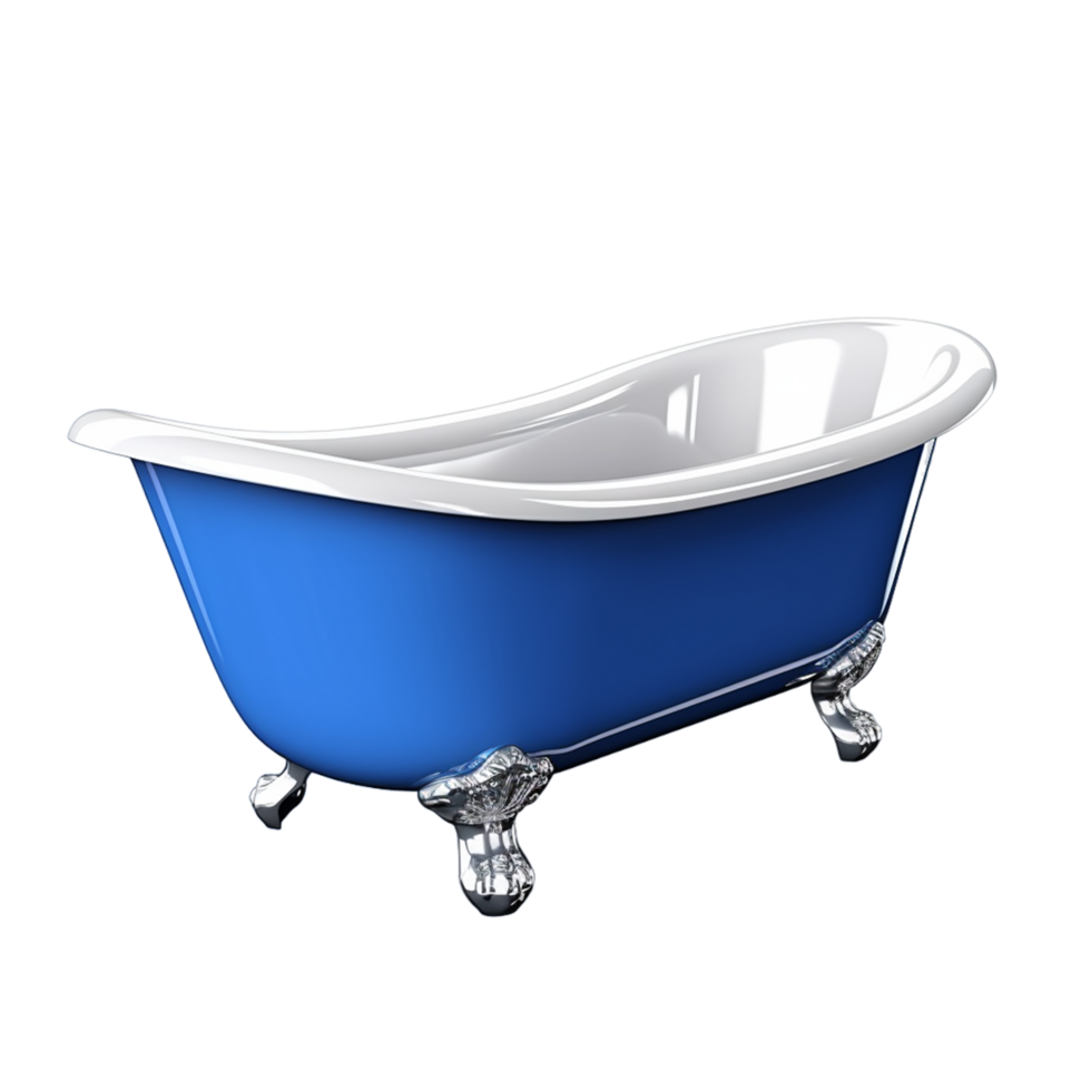 AI generated Blue bathtub on silver legs in a bright. png