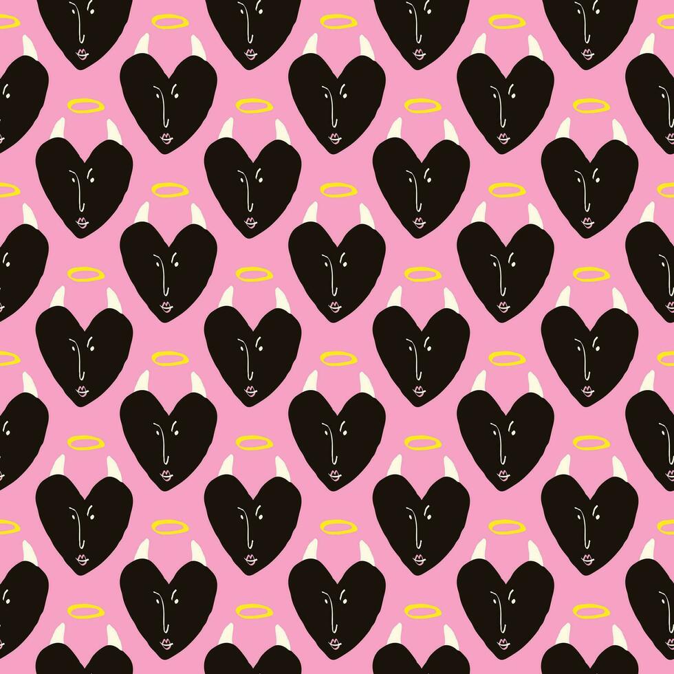 Valentines Day pattern with ugly funky hearts. Groovy cute love characters vector