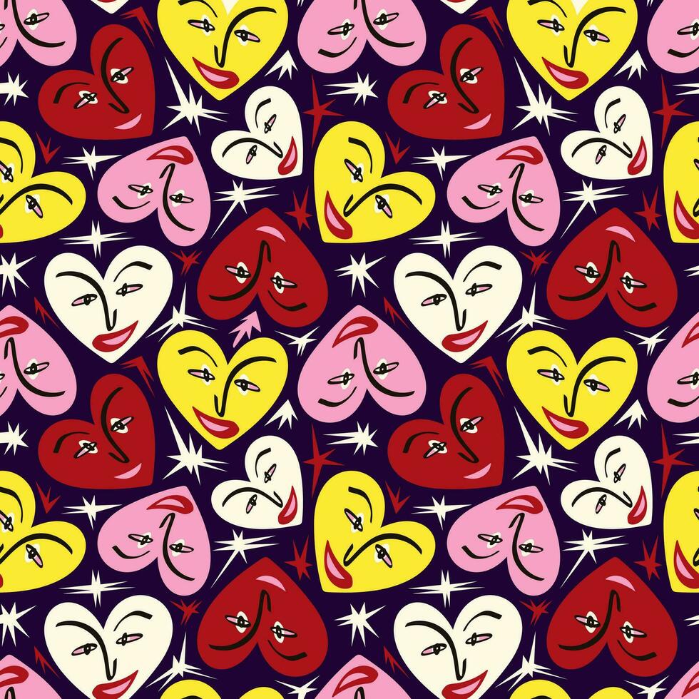 Valentines Day pattern with ugly funky hearts. Groovy cute love characters vector