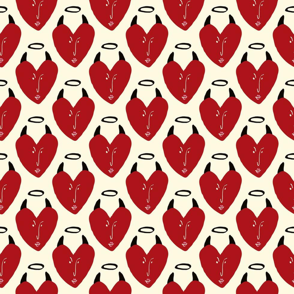 Valentines Day pattern with ugly funky hearts. Groovy cute love characters vector