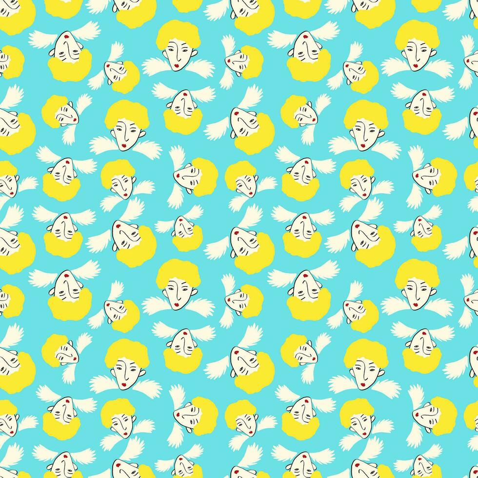 fancy angels and heart Valentines Day pattern. Illustration in a doodle style vector