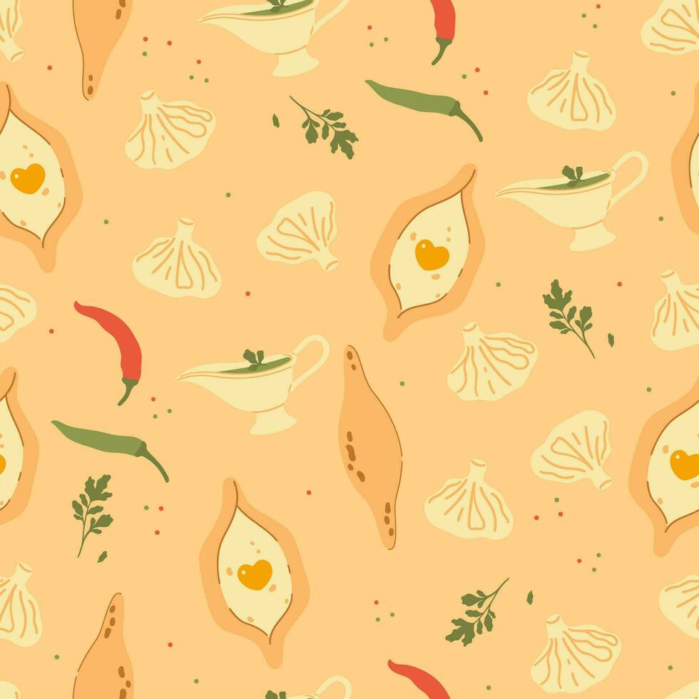 Seamless pattern with khinkali, khachapuri and sauce. Vector graphics.