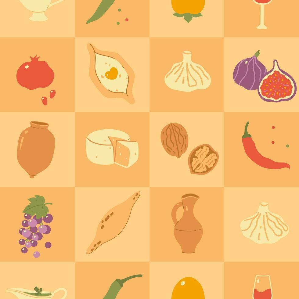 Checkered seamless pattern with Georgian food. Vector graphics.