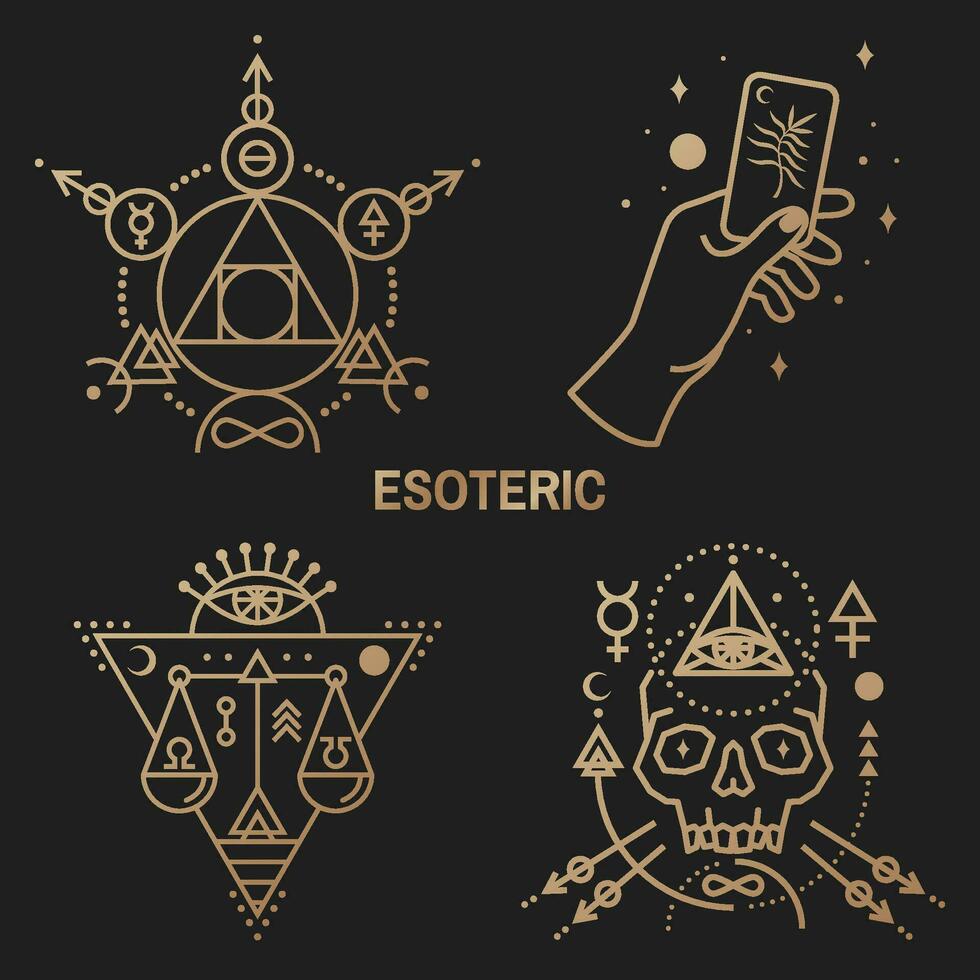 oro esotérico simbolos vector. Delgado línea geométrico insignia. contorno icono para alquimia o sagrado geometría. místico y magia diseño con filósofo piedra, mano, cráneo y ley escala. vector