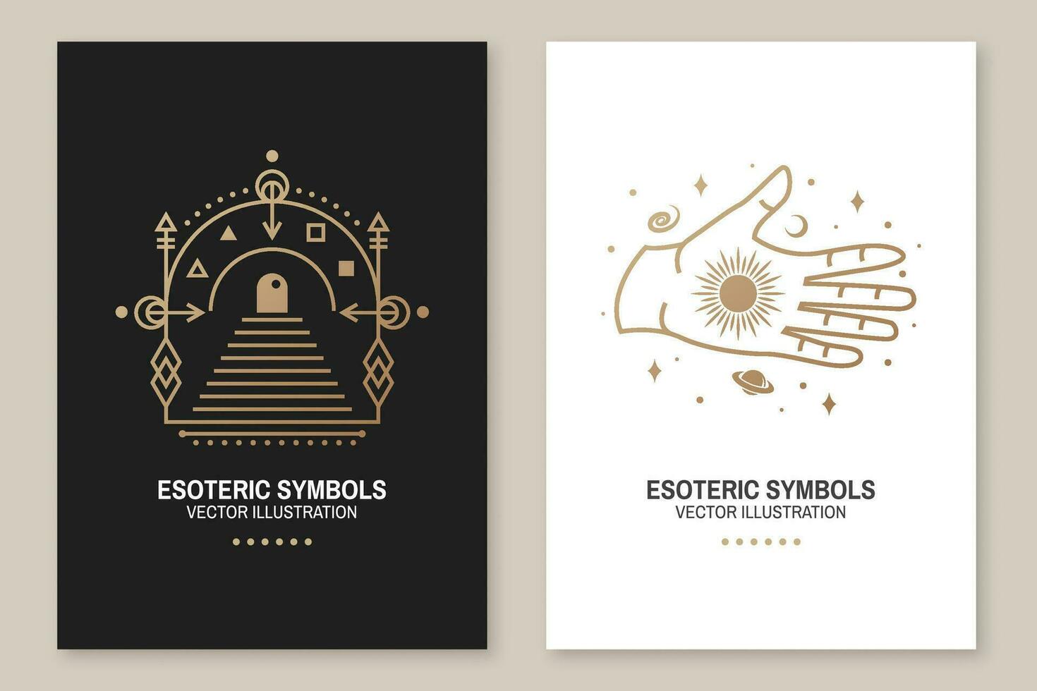 Gold esoteric symbols. Vector. Thin line geometric badge. Outline icon for alchemy or sacred geometry. Mystic, magic design with all-seeing eye, hand, star, gate to another world, moon vector