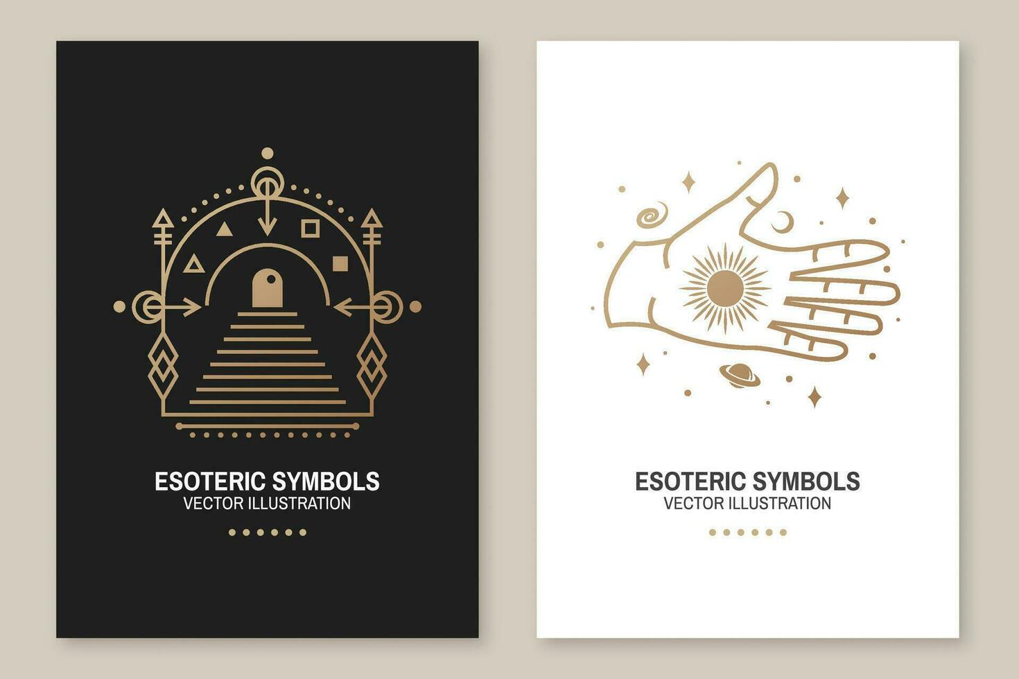 oro esotérico simbolos vector. Delgado línea geométrico insignia. contorno icono para alquimia o sagrado geometría. místico, magia diseño con todo lo ve ojo, mano, estrella, portón a otro mundo, Luna vector