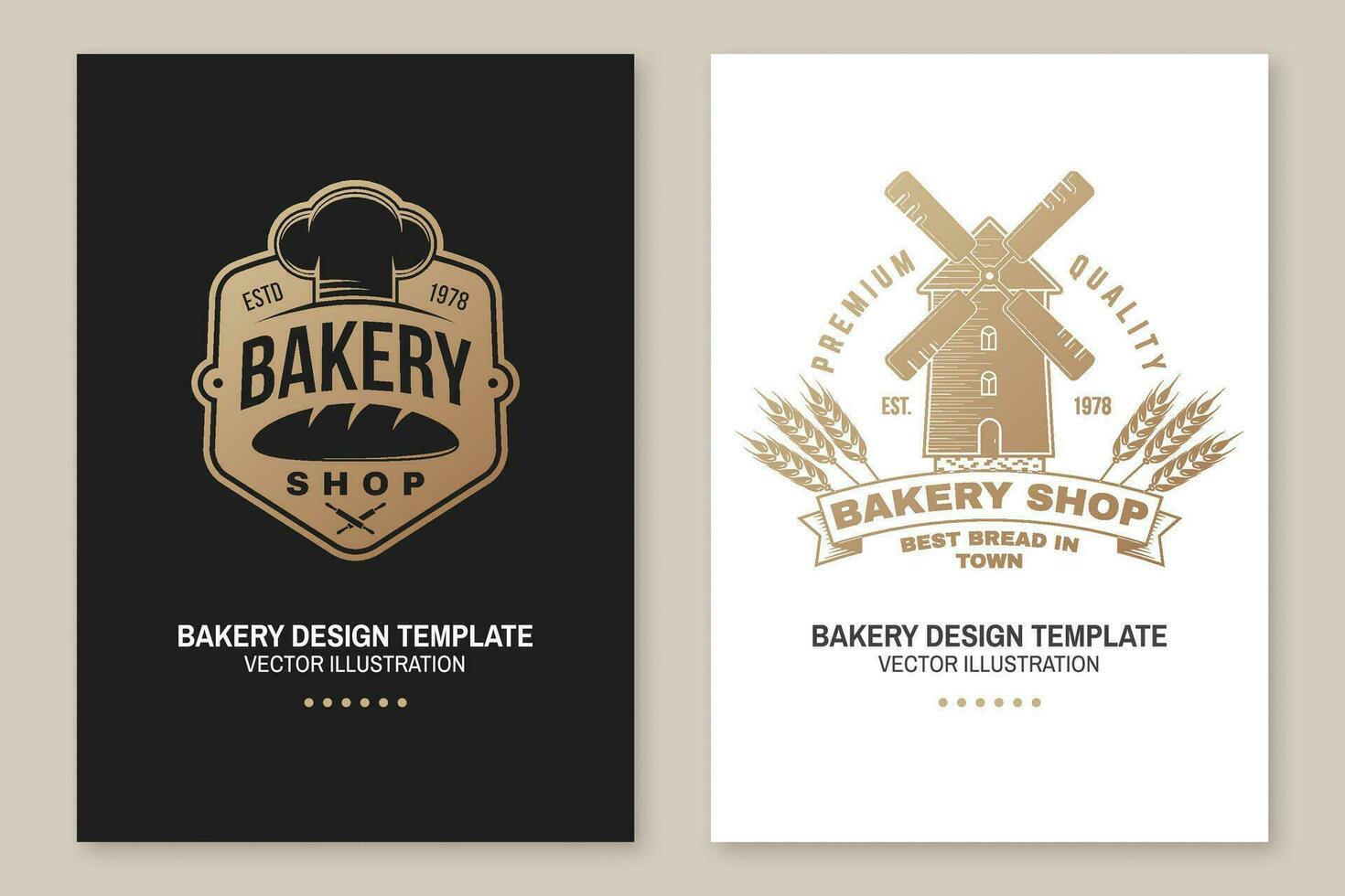 Set of Bakery shop badge. Vector. Concept for poster, flyer, bakery template. Design with windmill, rolling pin, dough, wheat ears silhouette. For frames, packaging vector