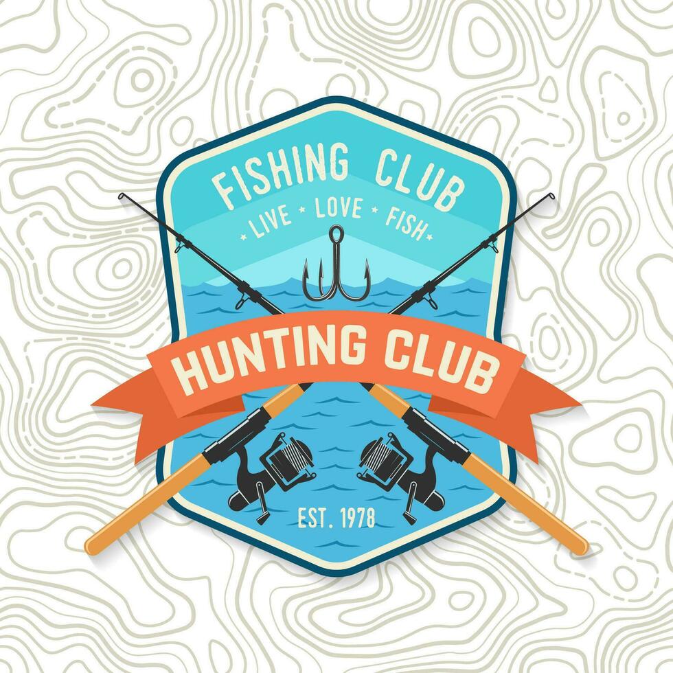 Fishing club patch. Live, love, fish. Vector. Concept for shirt or logo, print, stamp, tee, patch. Vintage typography design with fish rod and hook silhouette. vector