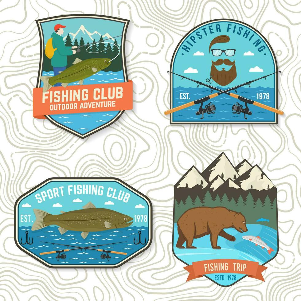 Set of fishing patch. Vector. Concept for shirt or logo, print, stamp, tee, patch. Vintage typography design with fisher, river, rainbow trout, bear and mountain silhouette. vector