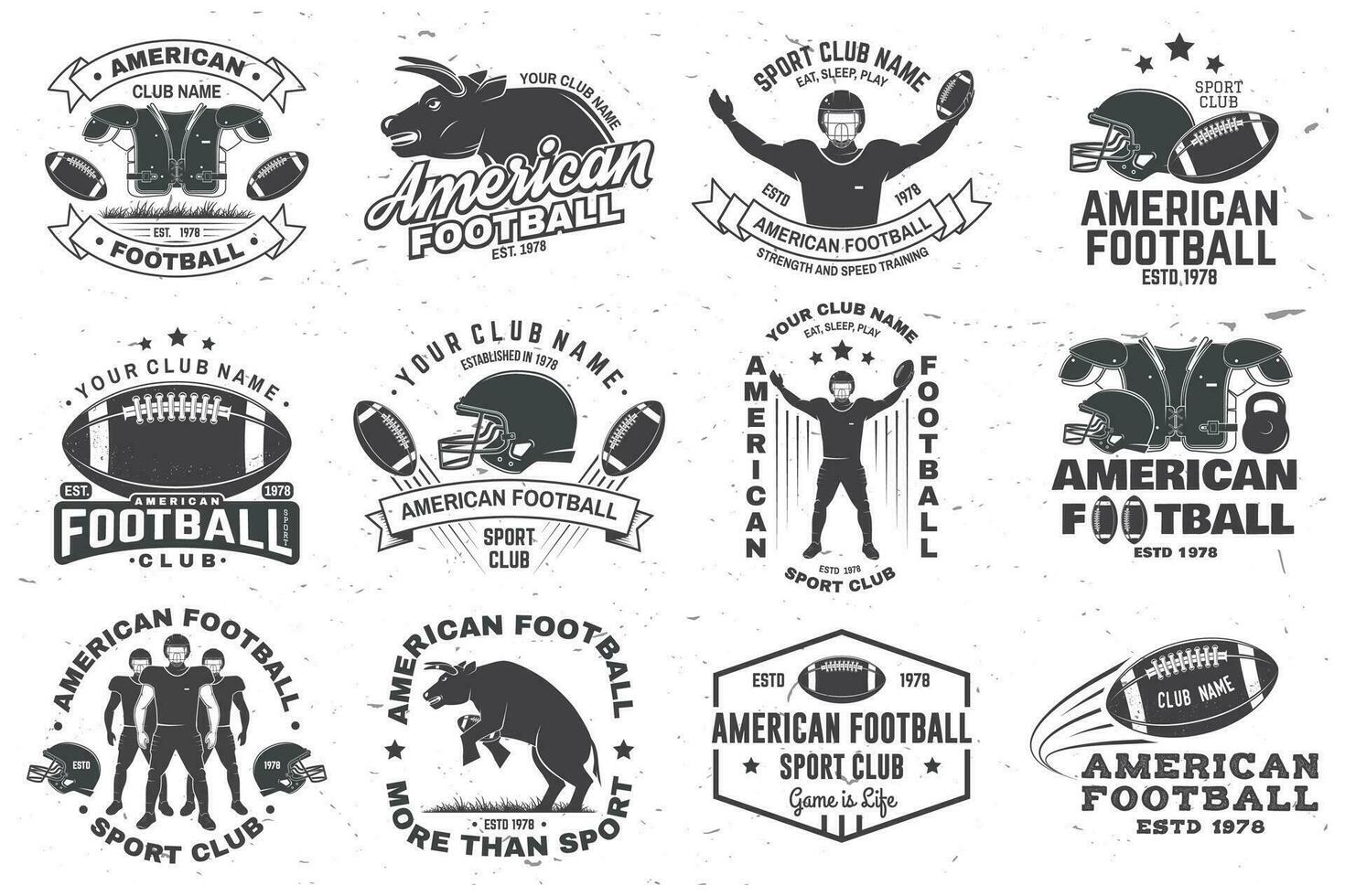 Set of american football or rugby club badge. Vector for shirt, logo, print, stamp, patch. Vintage design with bull, american football sportsman player, helmet, ball and shoulder pads silhouette