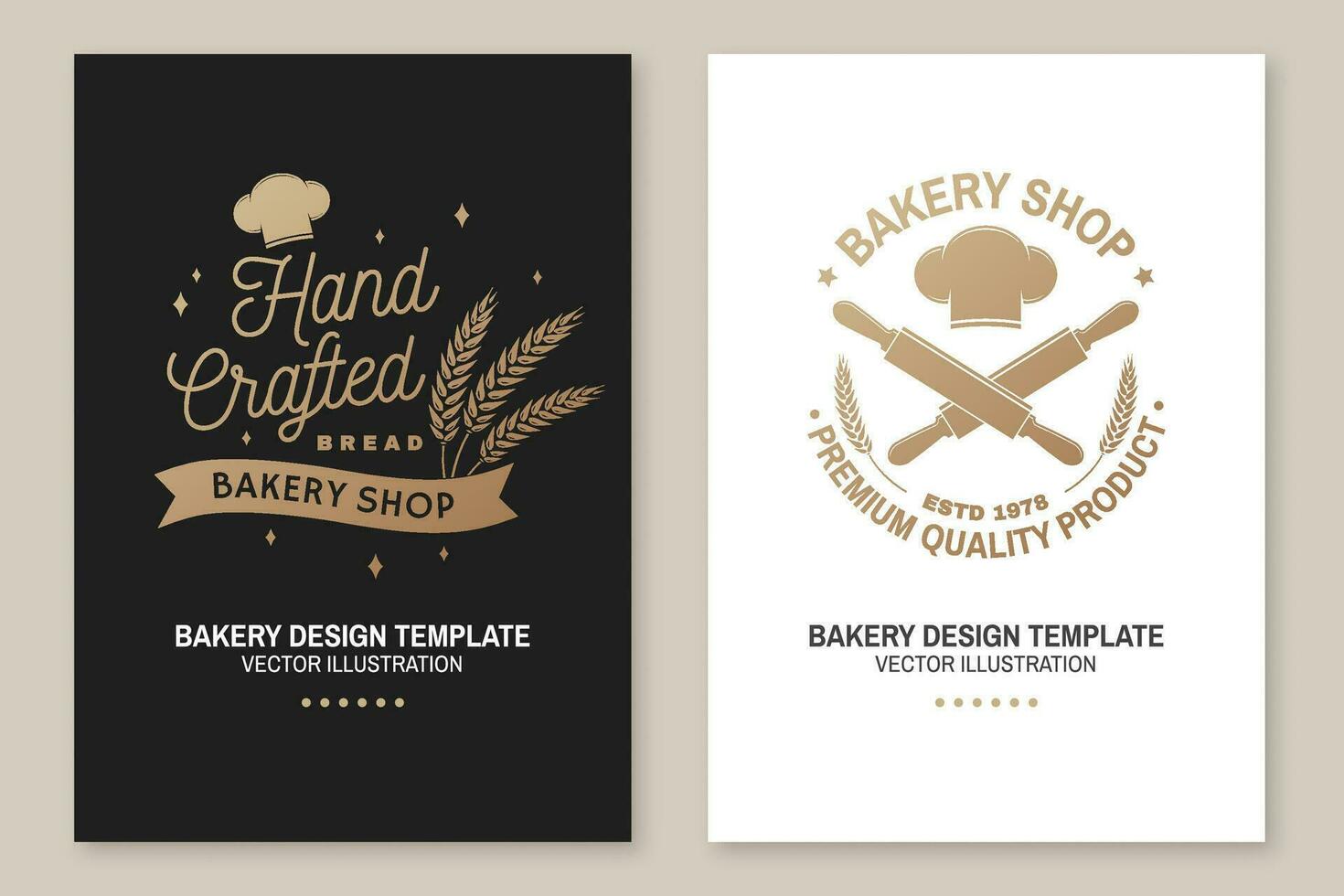 Set of Bakery shop badge. Vector. Concept for poster, flyer, bakery template. Design with chef hat , rolling pin, dough, wheat ears silhouette. For frames, packaging vector