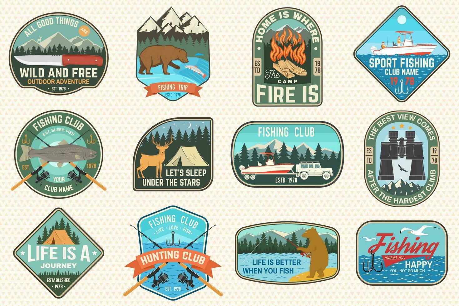 Set of fishing, camping patch. Vector. Concept for shirt or logo, print, stamp, tee, patch. Vintage typography design with fish rod, fisher, river, rainbow trout, bear , mountain silhouette. vector