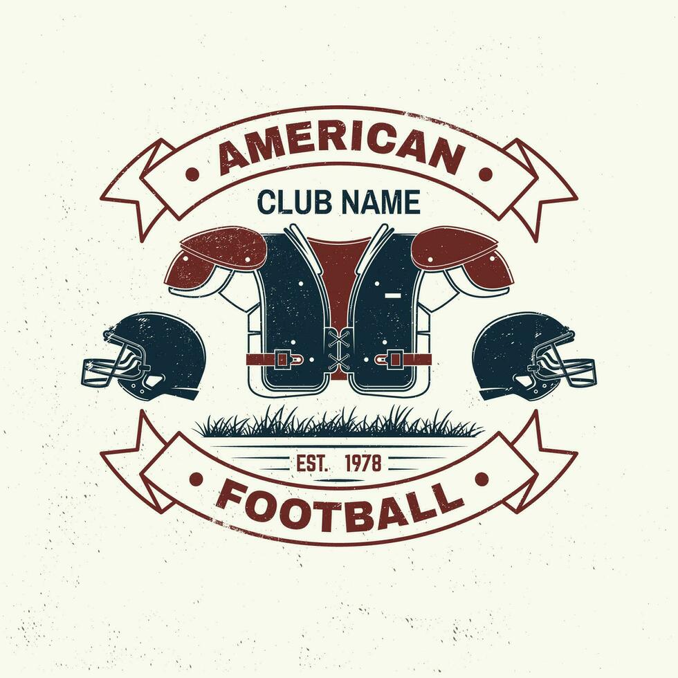 American football or rugby club badge. Vector. Concept for shirt, logo, print, stamp, tee, patch. Vintage typography design with american football helmet, grass and shoulder pads silhouette vector