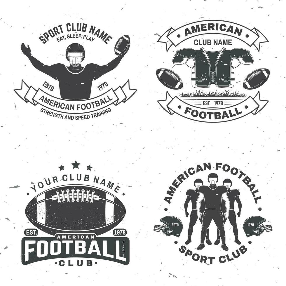 conjunto de americano fútbol americano o rugby club insignia. vector para camisa, logo, imprimir, estampilla, parche. Clásico diseño con americano fútbol americano deportista jugador, casco, pelota y hombro almohadillas silueta