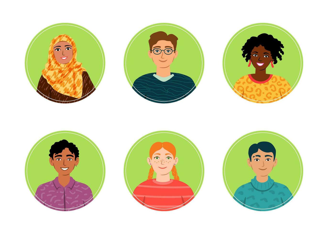 seis joven diverso gente, retratos, avatares vector