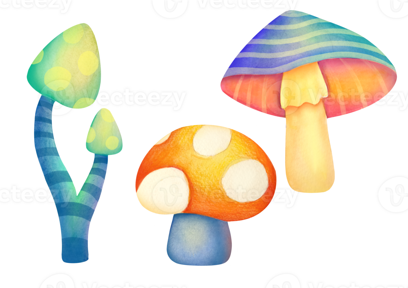 watercolor illustration set. fairy mushrooms on transparent background. luminescent forest, psychedelic neon colors. Vibrant groovy, funky fungus collection. poisonous mushroom dangerous to health png