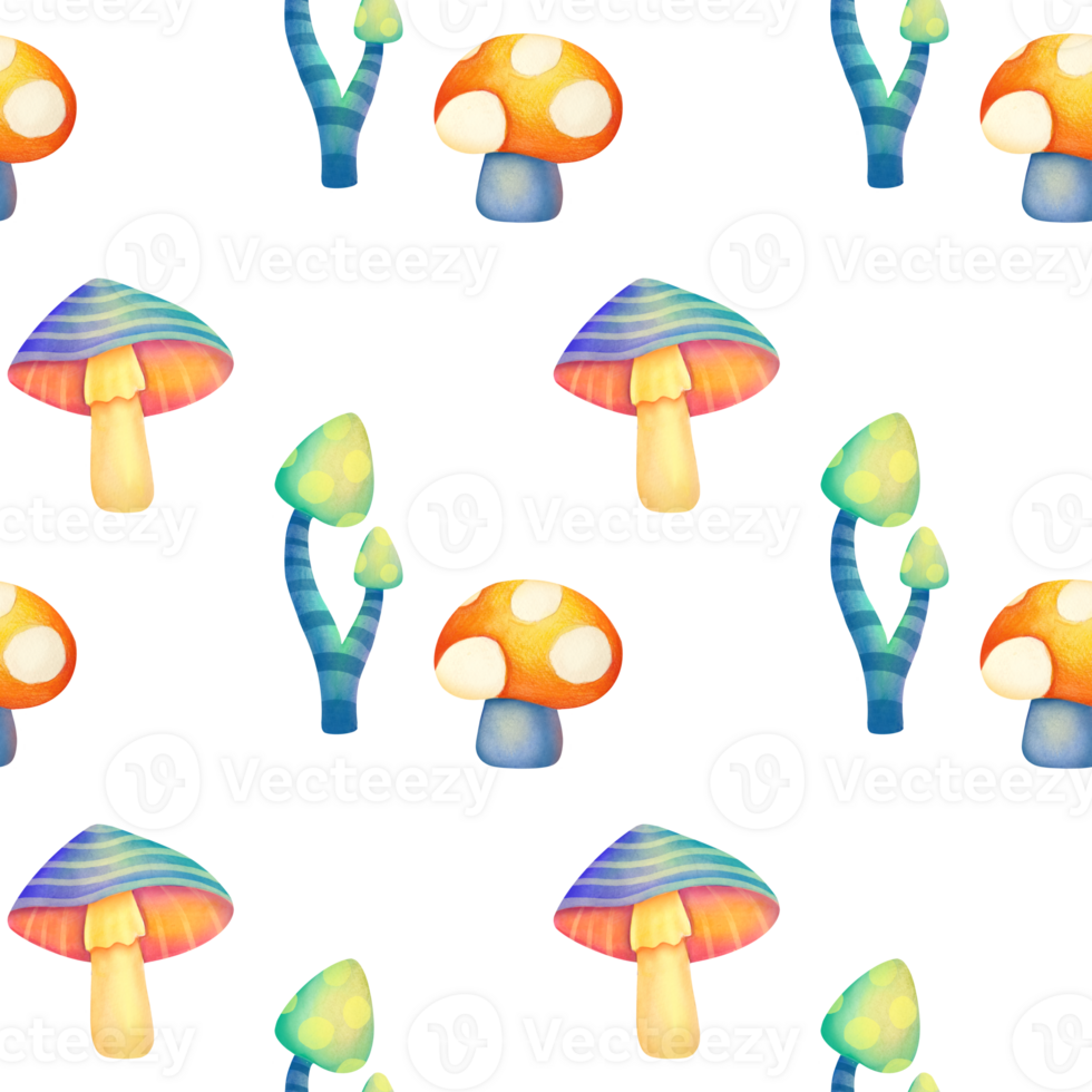 watercolor psychedelic neon illustration. fairy mushrooms background. mystic luminescent forest seamless pattern. Vibrant groovy, funky fungus collection. poisonous mushroom dangerous to health png