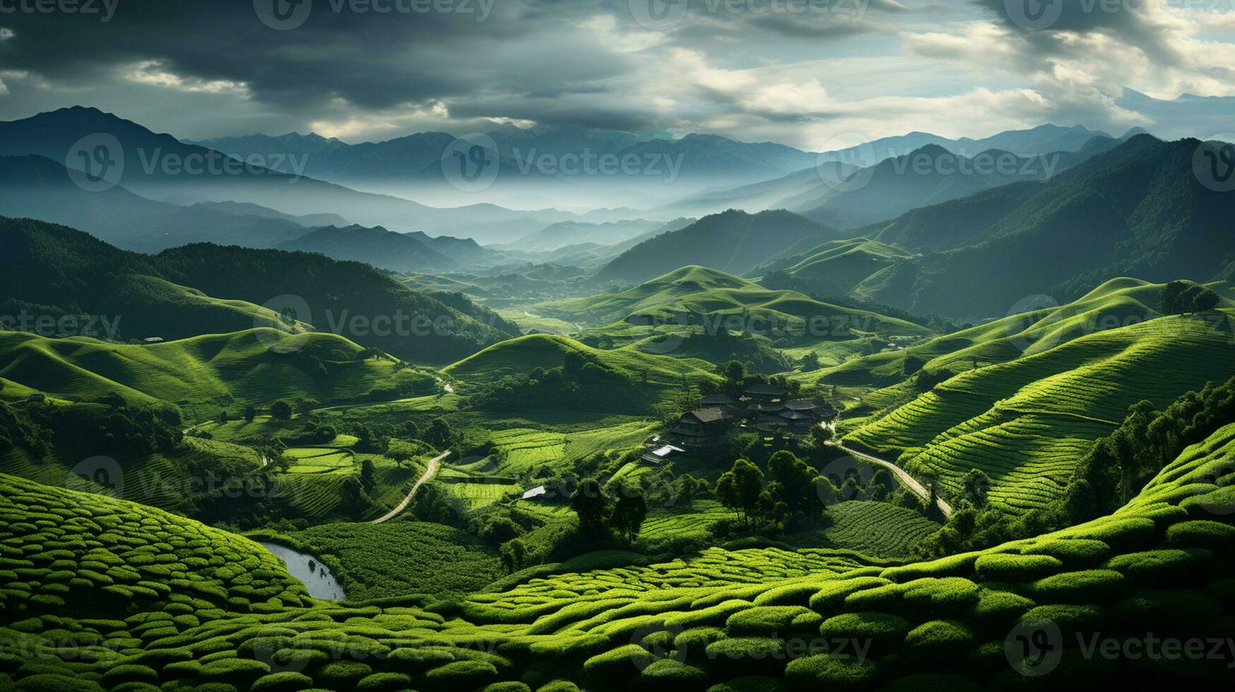 AI generated tea plantation background photo