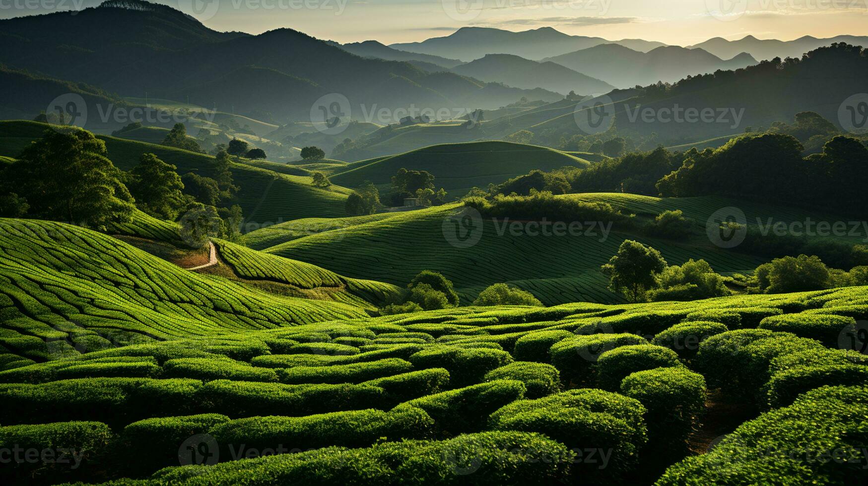 AI generated tea plantation background photo