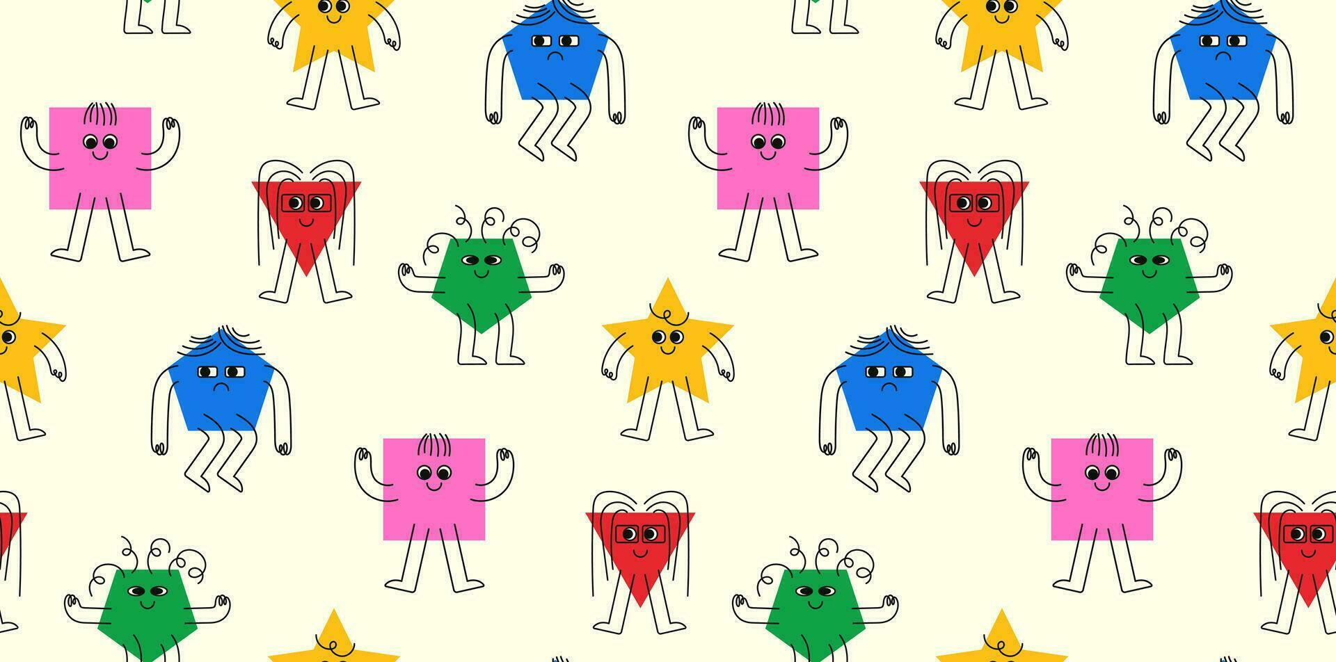 Colorful seamless background with cute geometric shapes in flat cartoon style. Fun triangle, square, pentagon and star characters with cute faces, arms and legs. vector