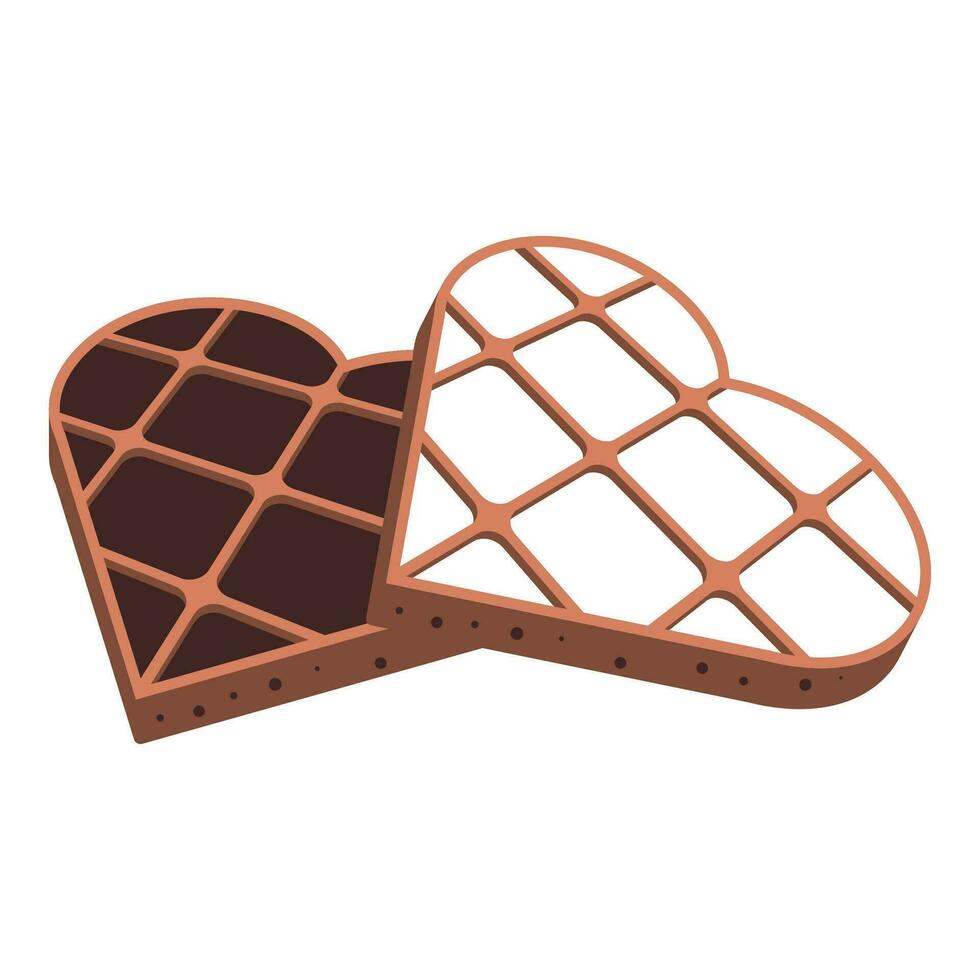 Heart shaped cookies in flat style. Vector illustration of sweets in isometry. Cookies with chocolate and white cream. Isolated illustration.