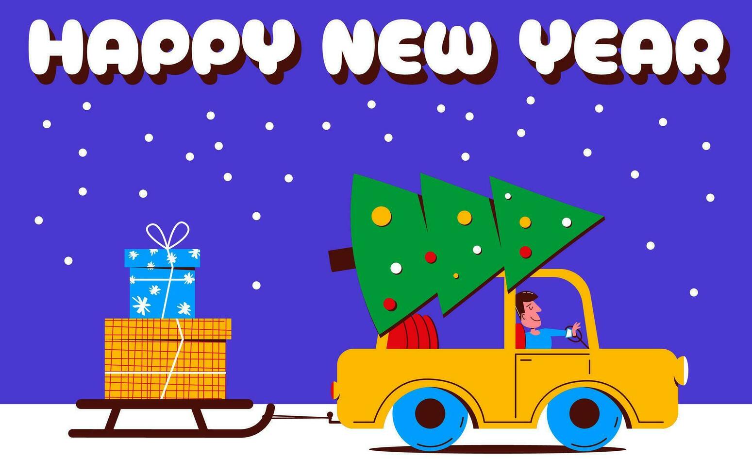 New Year illustration in flat style. A man's character is driving a car, there is a Christmas tree on the roof, and a sleigh with gifts is tied to the car. Christmas mood. Vector cute illustration.