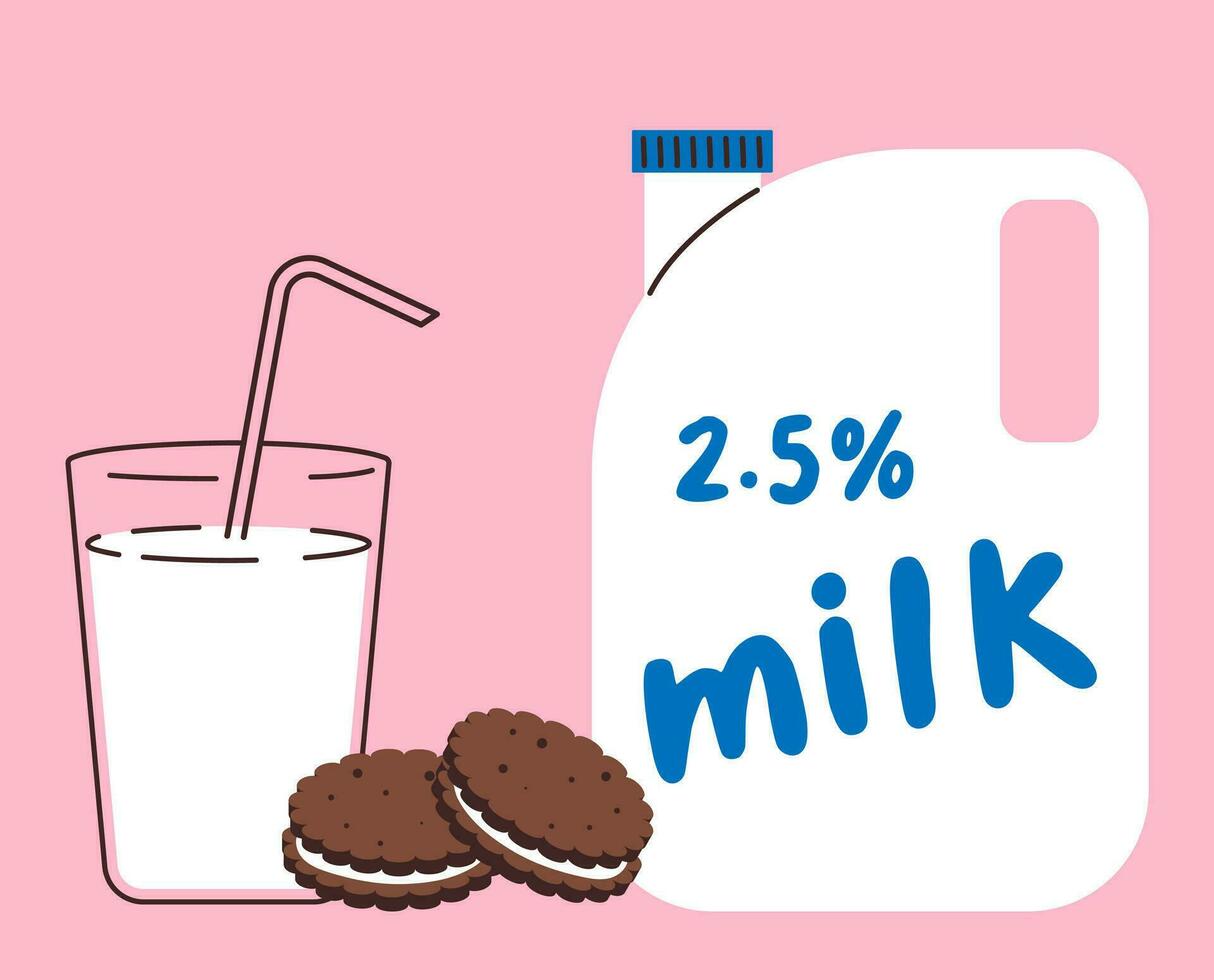 Glass of milk and small canister with milk in flat style. Vector illustration of breakfast, glass with milk and cookies and plastic canister with milk. Minimalism.