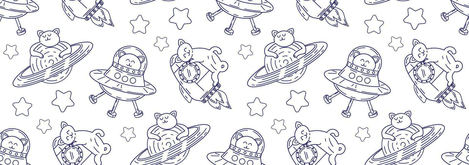 Seamless pattern with pets in space. Vector background with cute cats in linear style. Doodle illustration of cute pets.