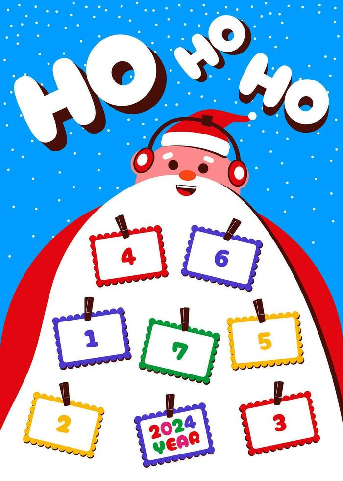 Advent poster layout for children. Cute Santa Claus character with a big beard, space for stickers or photos in the form of a frame attached with clothespins to the beard. New Year 2024. vector