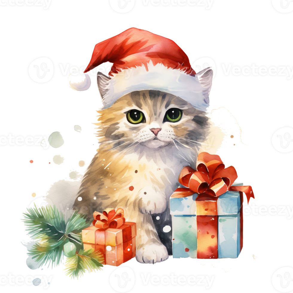 AI generated Hand Drawn Cute Christmas Cat with santa hat in Watercolor Style, Clipart for Holiday Decoration, Isolated on Transparent Background for Creative Crafting and Design png