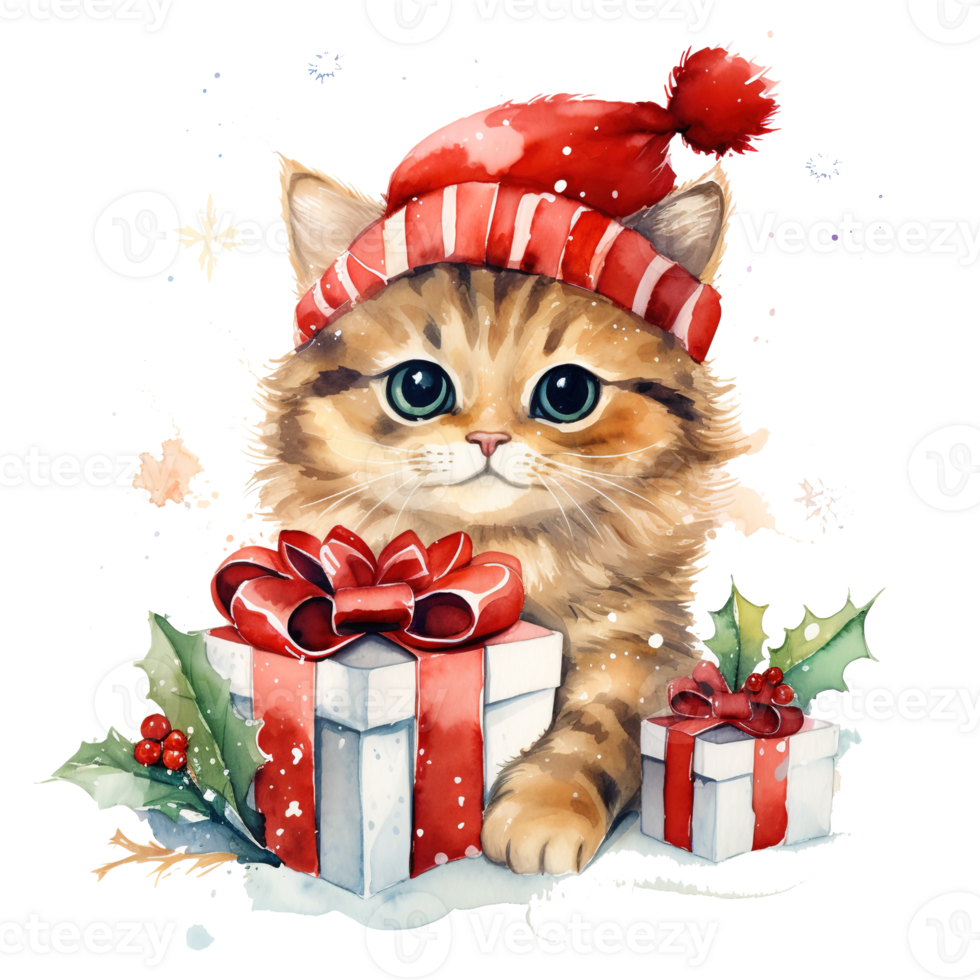 ai generato mano disegnato carino Natale gatto con Santa cappello nel acquerello stile, clipart per vacanza decorazione, isolato su trasparente sfondo per creativo lavorazione e design png