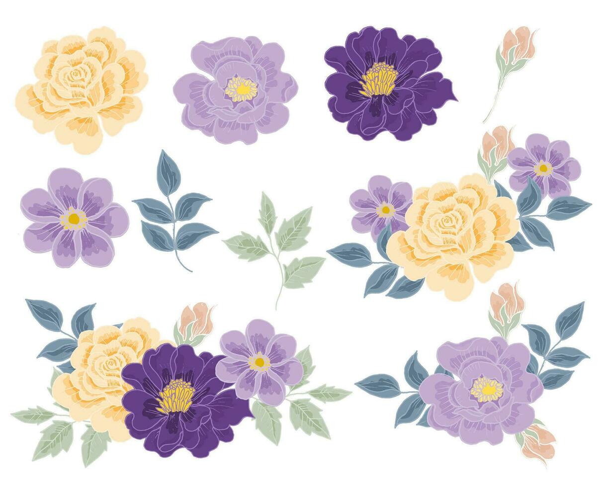mano dibujado púrpura y amarillo Rosa flor vector