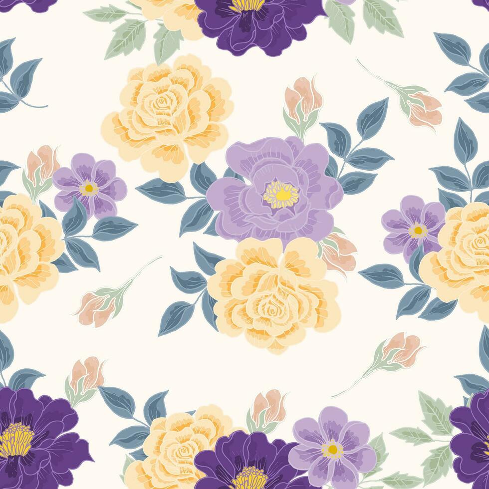 Hand Drawn Purple and Yellow Rose Flower Seamless Pattern vector