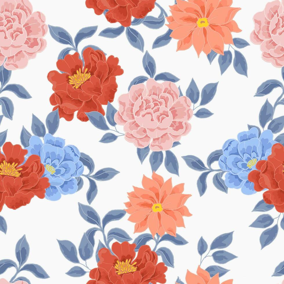 Hand Drawn Vintage Peony Rose Flower Seamless Pattern vector