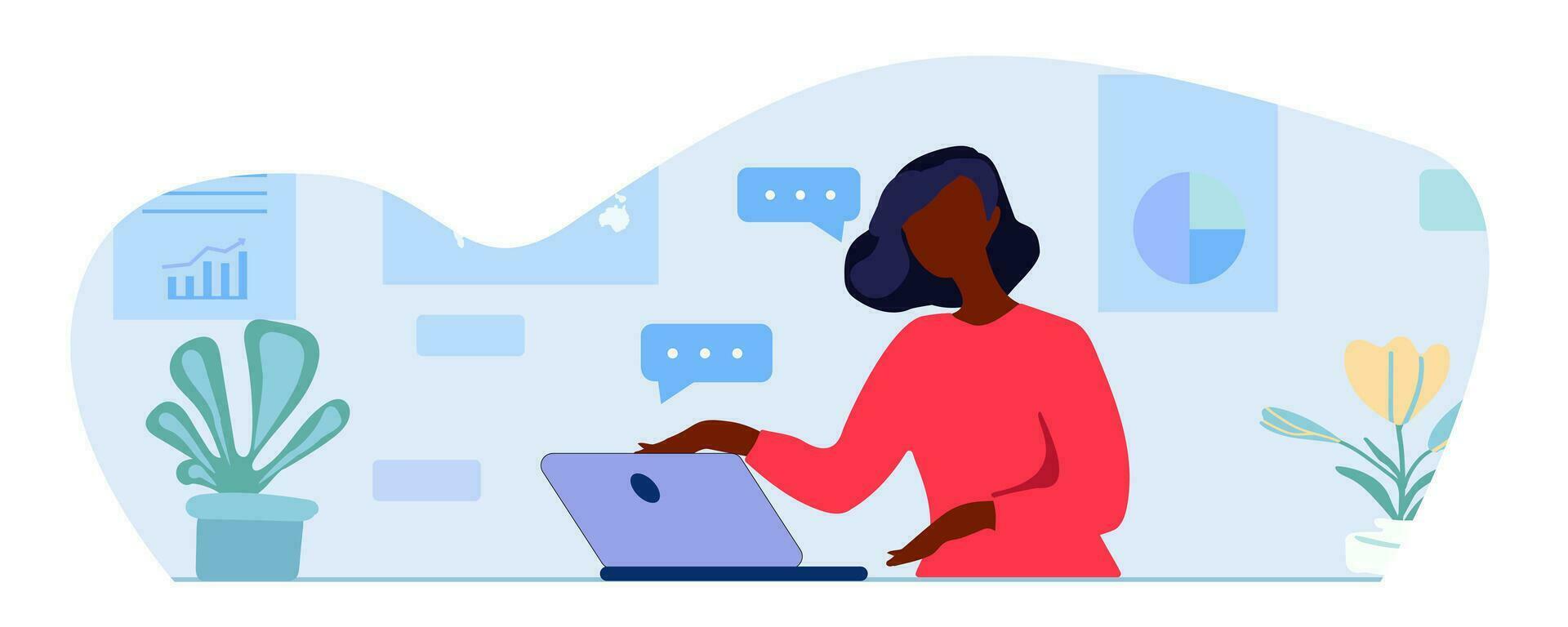 mujer utilizando computadora portátil, remoto trabajo concepto, hogar oficina, café taza, vector