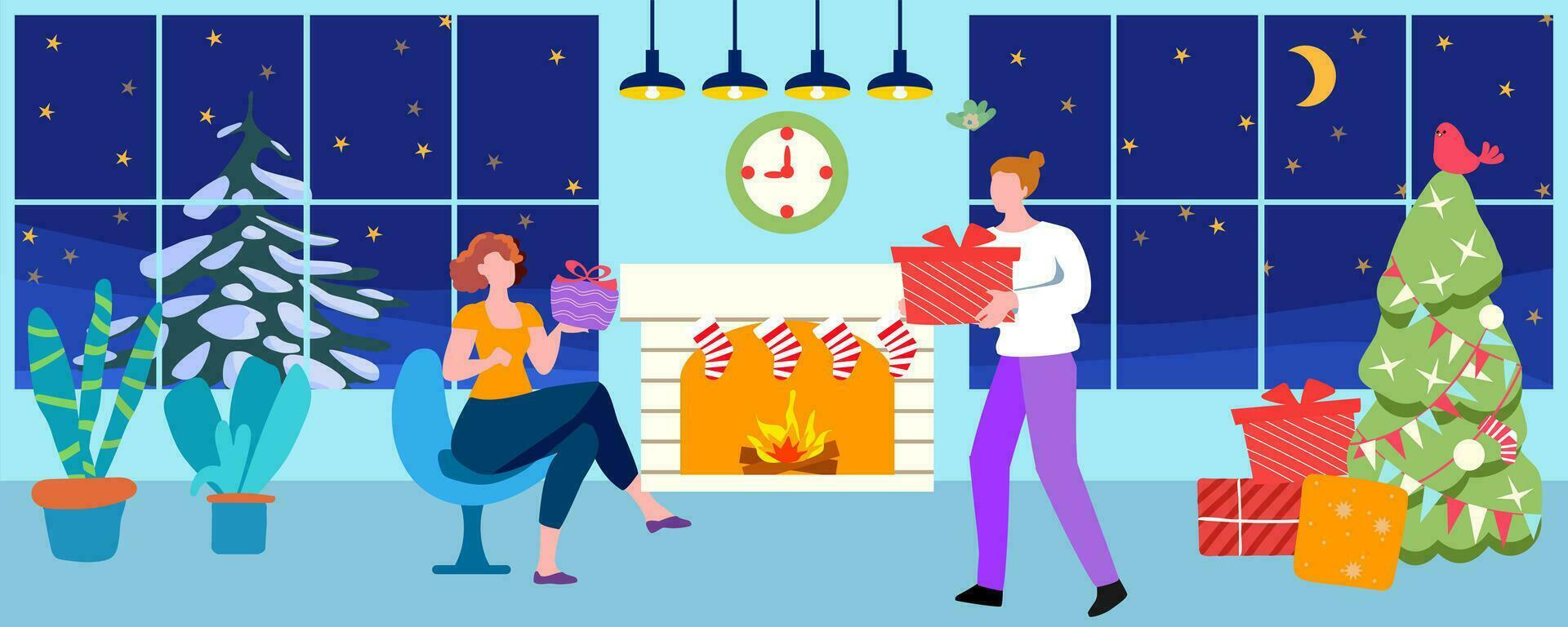 New Year, Christmas, a guy and a girl give each other gifts next to the fireplace, hand drawn, not AI vector