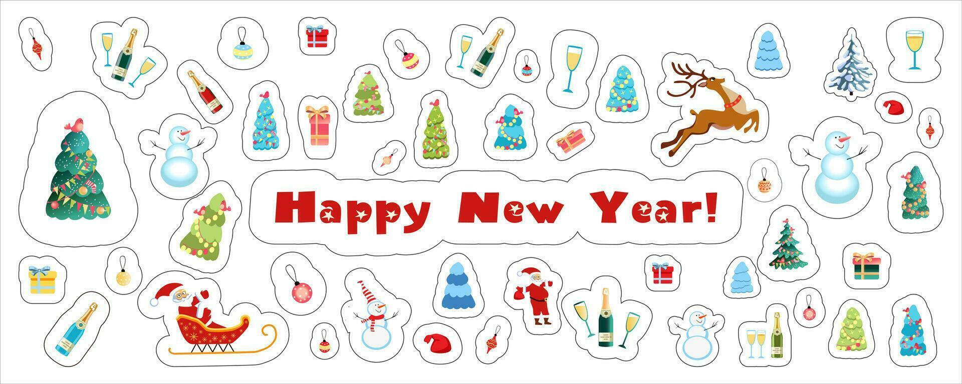 New Year and Christmas stickers for print and design, cartoon, Not AI, hand drawn vector
