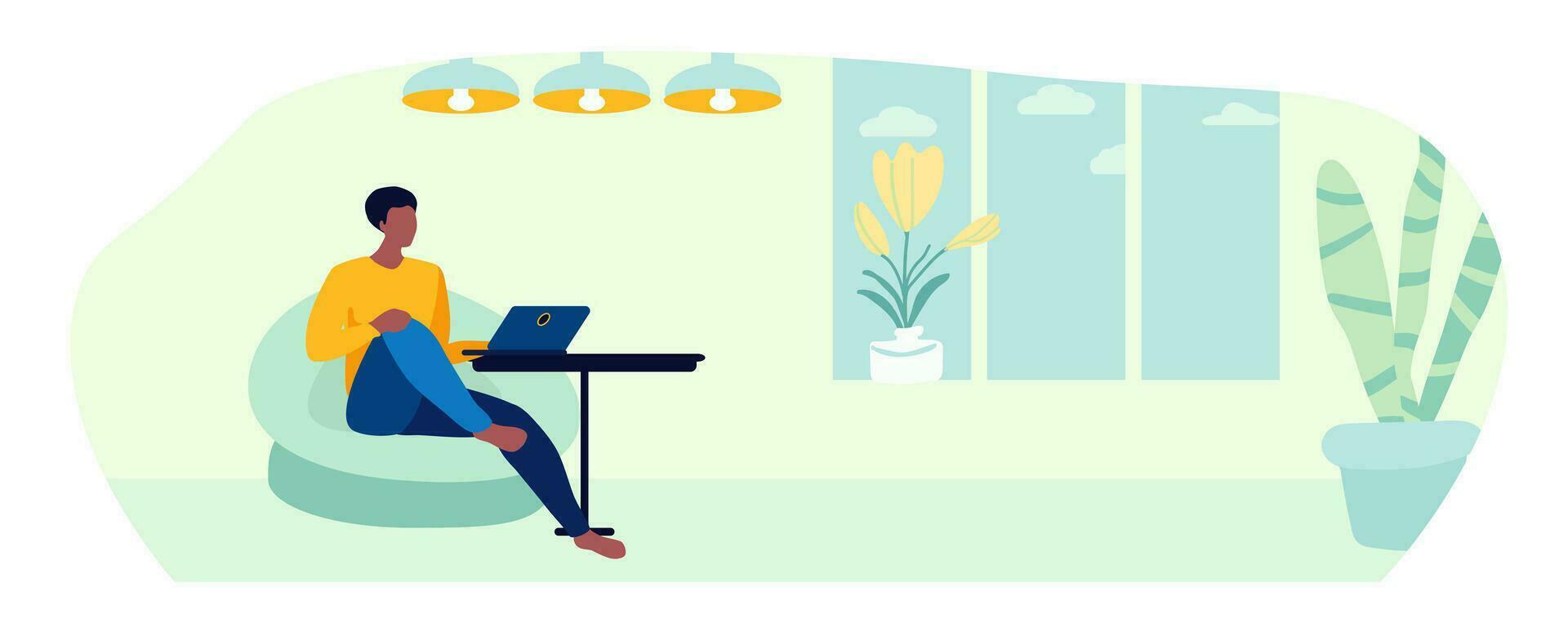 Man with a laptop in a chair, remote work, evening, window, lamps, vector illustration