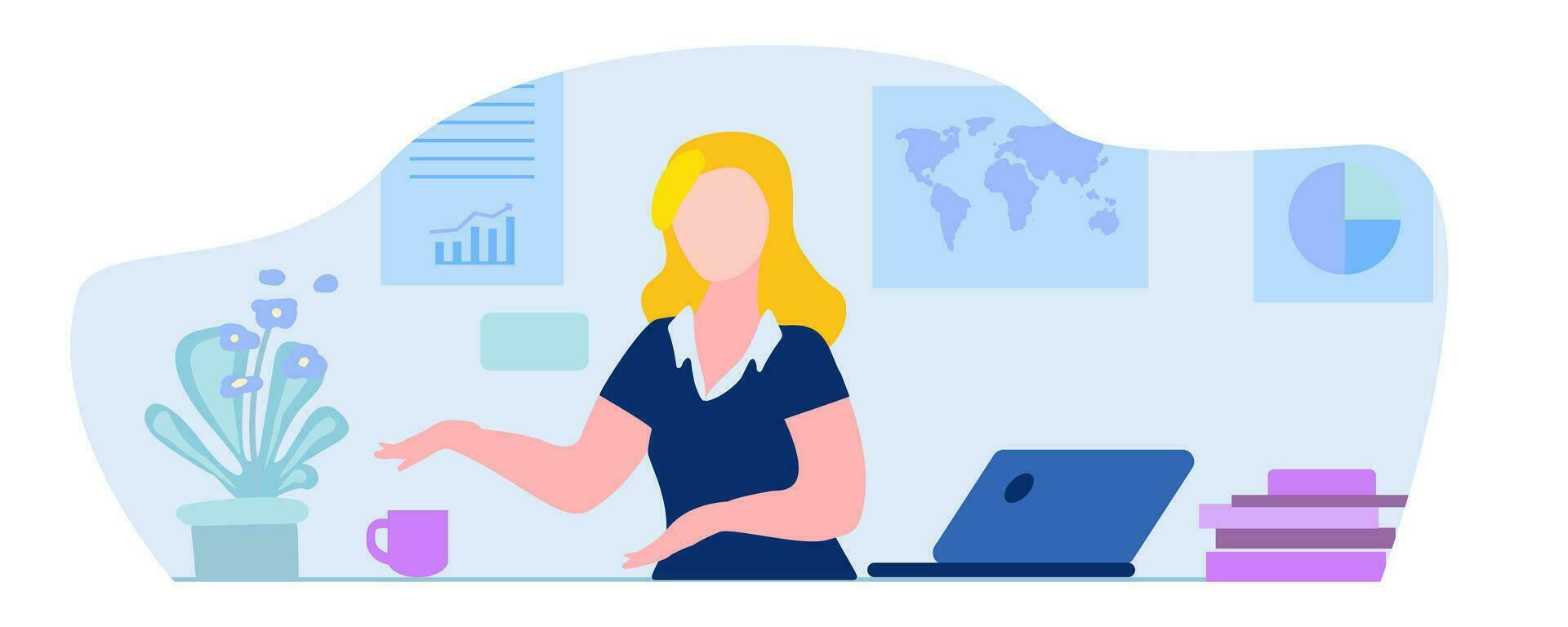 Young woman working at a computer, books, schedule, board, workplace, vector