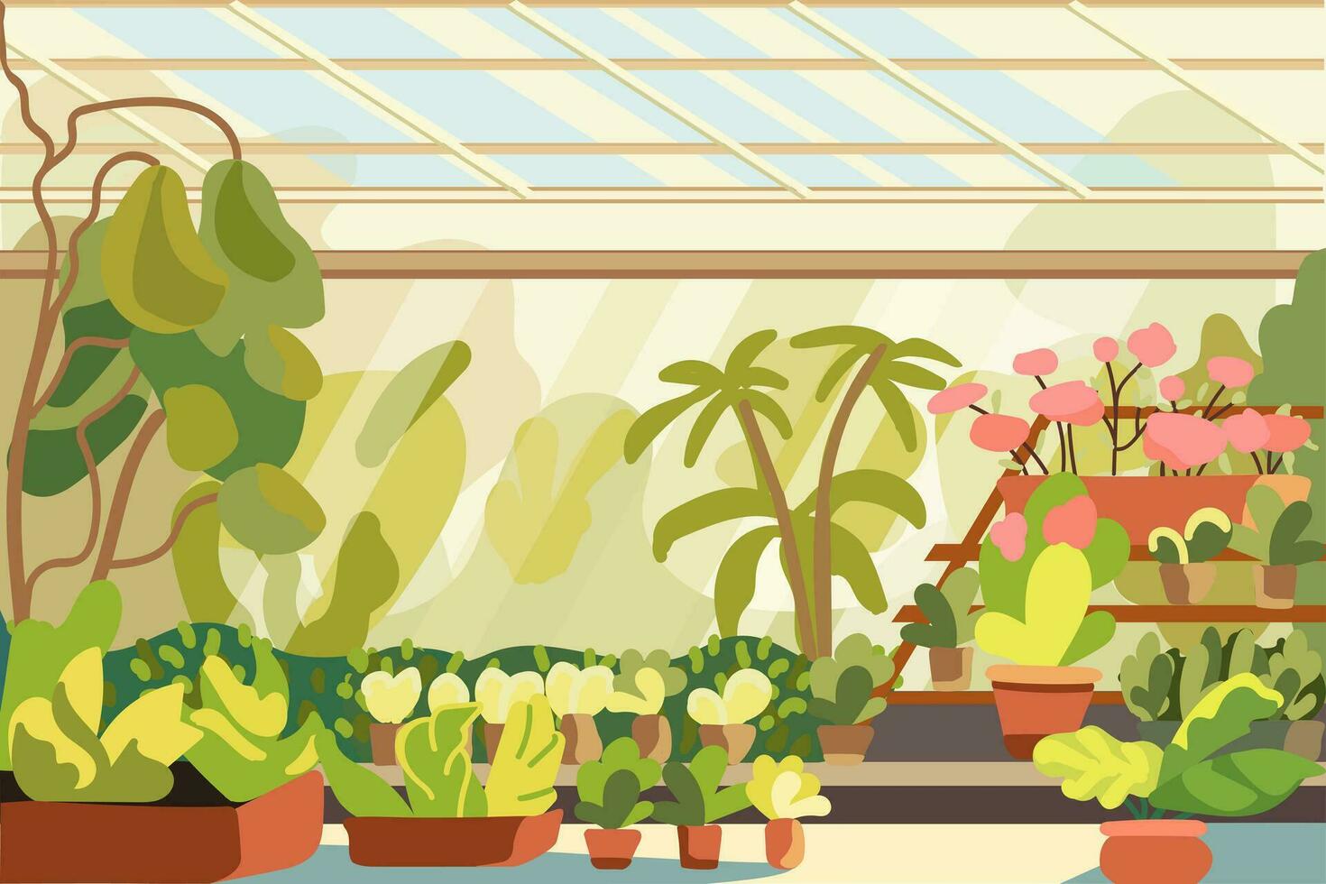 Greenhouse, garden with green trees and indoor plants. vector