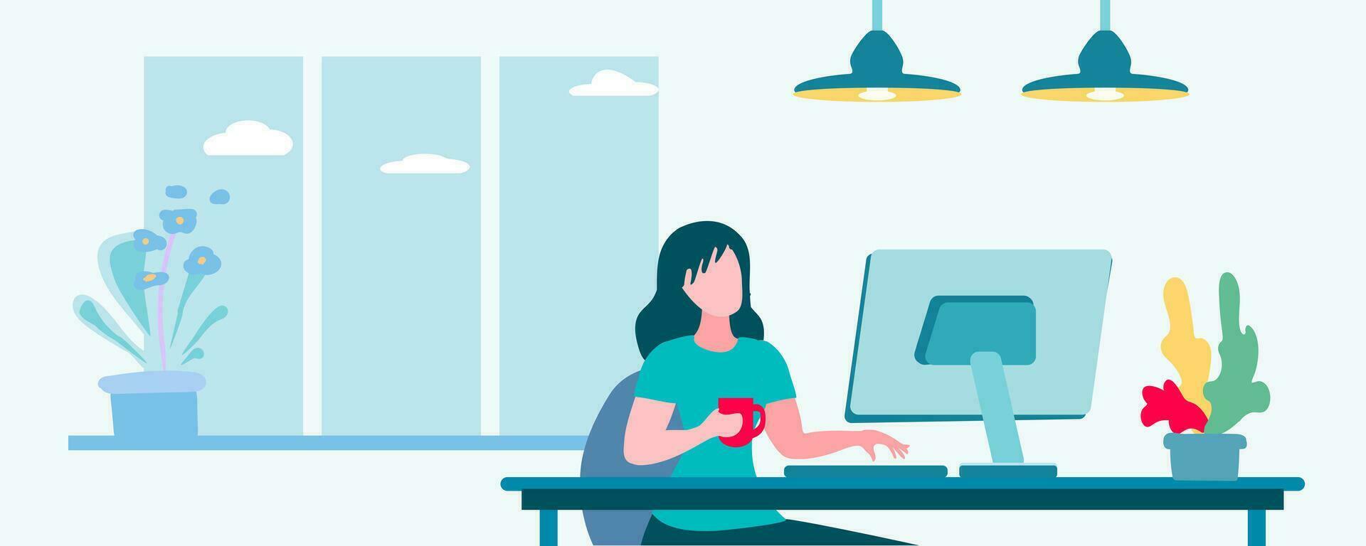Female student studying at the computer, remote work concept, webinar, flat vector illustration