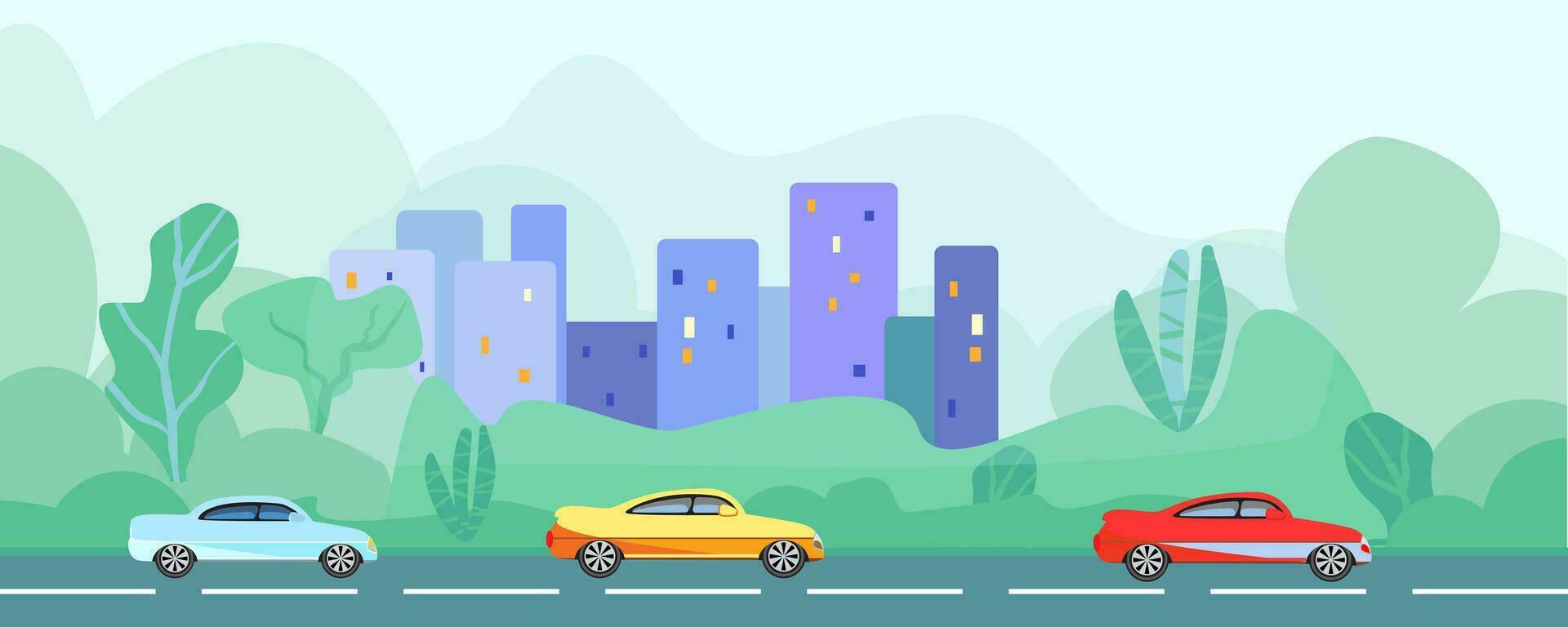 Ecology in the city and street greening. Road with a car, Not AI, hand drawn. vector