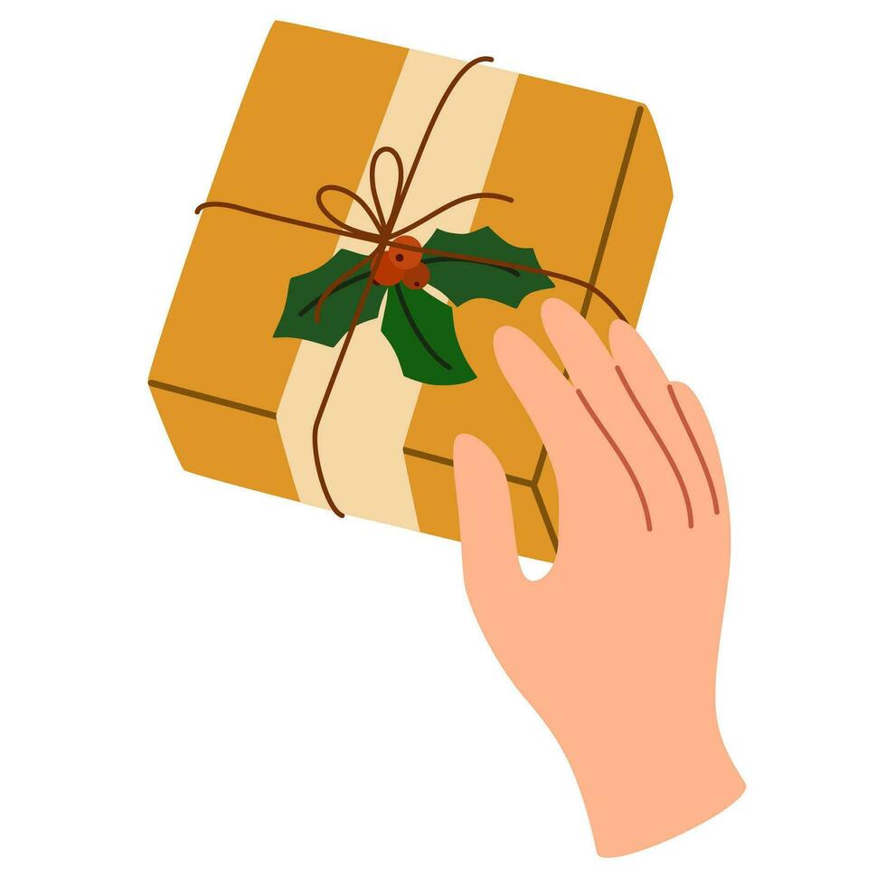 Hand holding Christmas gift box. Grant exchange concept xmas holiday, arms gives new year souvenirs. Wrapping gift box. Preparing for celebration Christmas eve or new year. Vector illustration