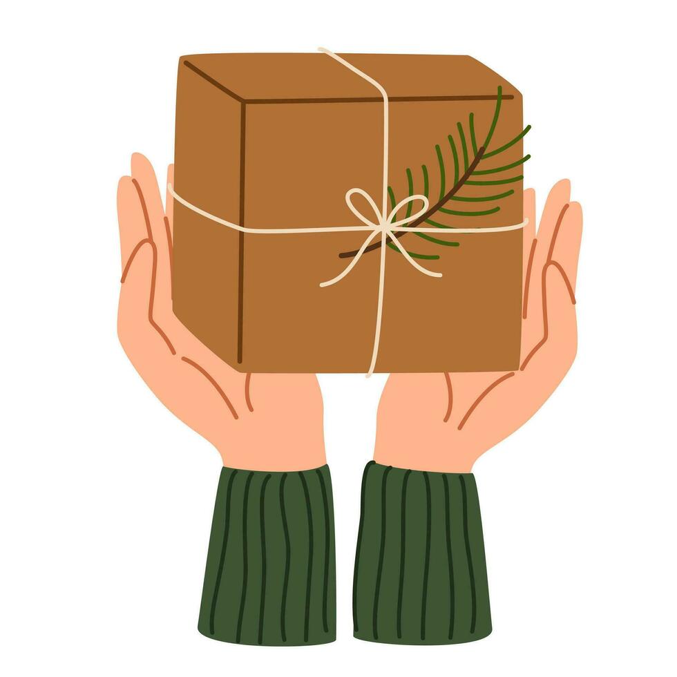 Hand holding gift boxes. Grant exchange concept xmas holiday, arms gives new year souvenirs. Wrapping Christmas gift box. Preparing for celebration Christmas eve or new year. Vector illustration